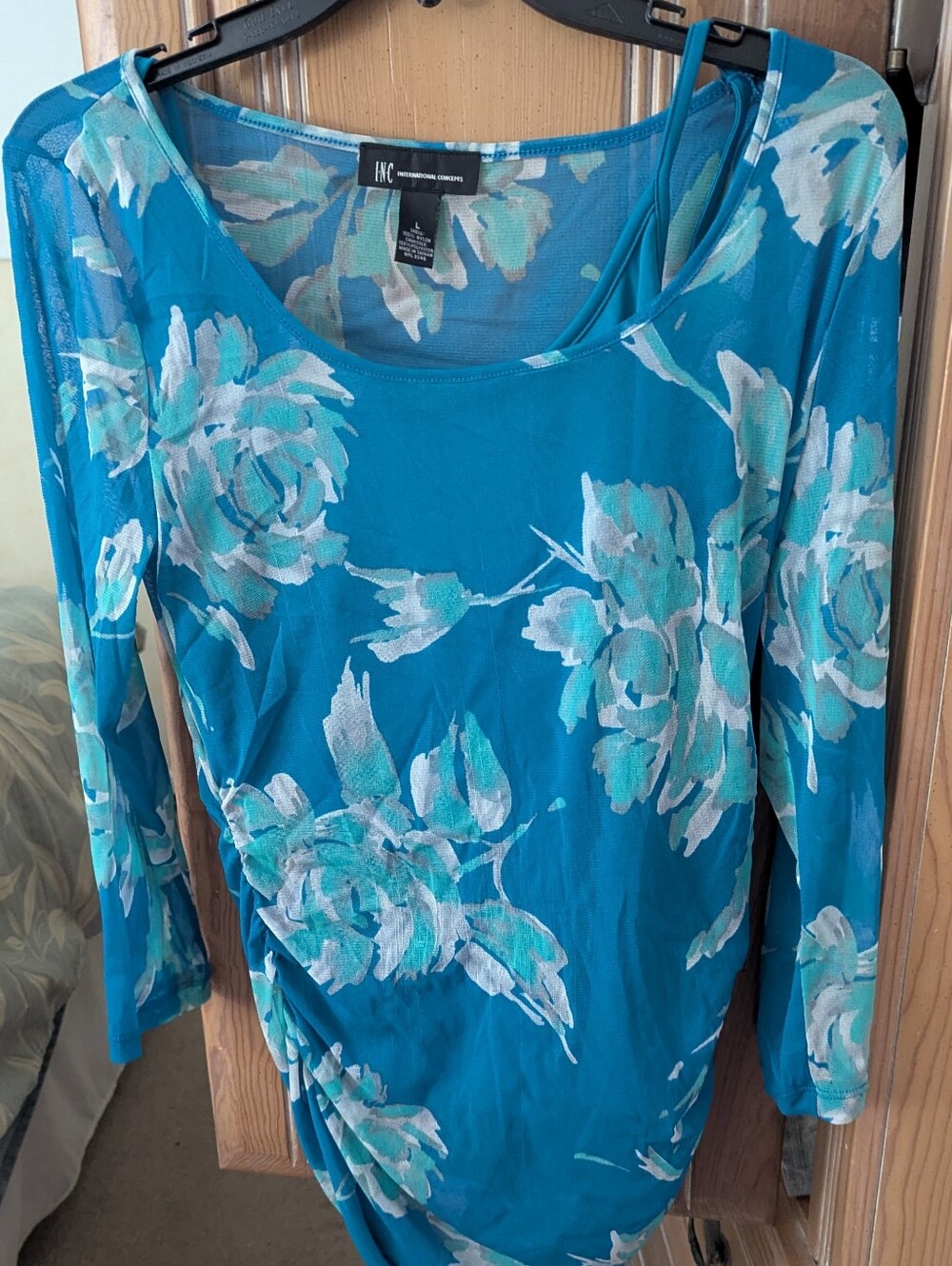 INC International Concepts Teal Floral Sheer Long Sleeve Top